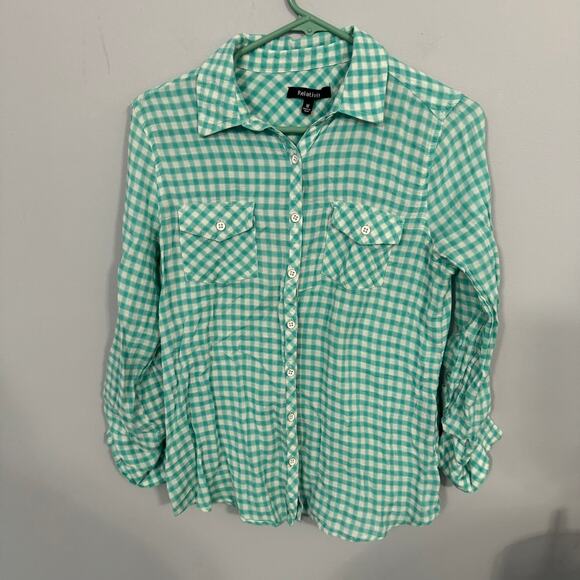 Relativity Roll Tab Sleeve Button Down Gingham Top Size Medium - Picture 1 of 7